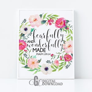 Bible Verse Wall Art, Printable Psalm 139, Home Decor, Fearfully Wonderfully Made Print
