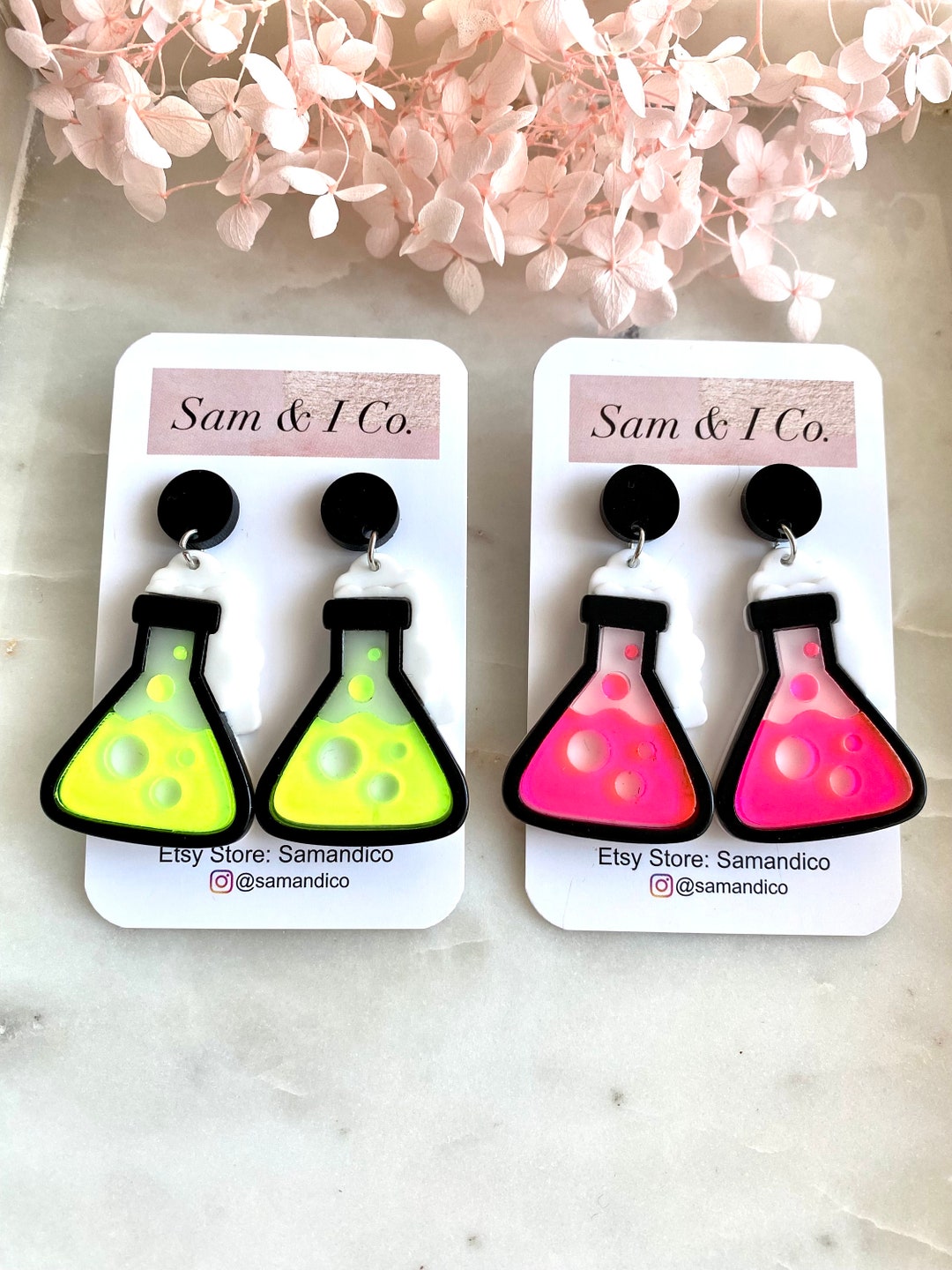 Science Beaker Chemistry Experiment Dangle Earrings Neon Pink and Green