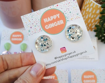 Christmas Sparkle Silver Glitter Super Studs | 20mm Diameter | Resin Earrings | Handmade in the UK | Gifts for her