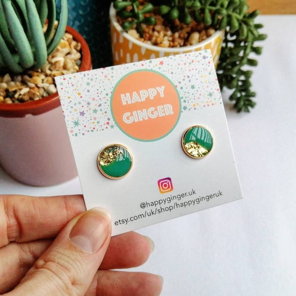 Gold Leaf and Jade Resin Stud Earrings | 14mm diameter | Green | Handmade in the UK | Gifts
