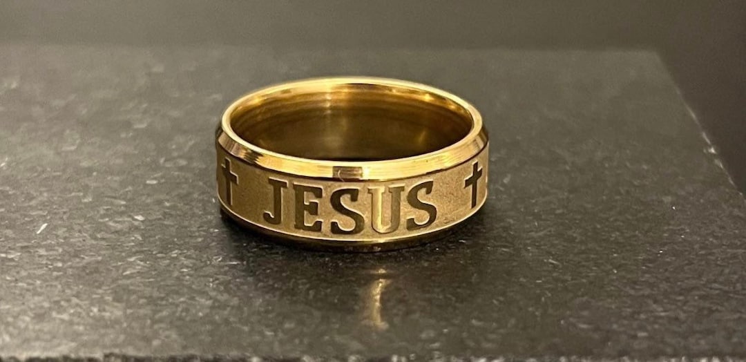 Stainless Steel Jesus Ring Christian, Cross, 8mm Band, Gold Tone - Etsy