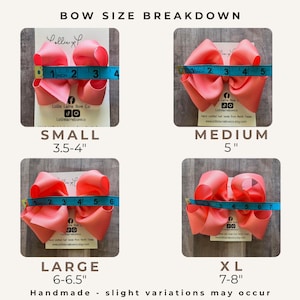 May include: A guide to hair bow sizes, showing four coral-coloured bows. Sizes are small (8.9-10.2 cm), medium (12.7 cm), large (15.2-16.5 cm), and XL (17.8-20.3 cm). Each bow is measured with a blue measuring tape.