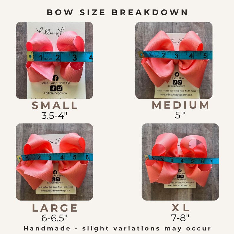 May include: A guide to hair bow sizes, showing four coral-coloured bows. Sizes are small (8.9-10.2 cm), medium (12.7 cm), large (15.2-16.5 cm), and XL (17.8-20.3 cm). Each bow is measured with a blue measuring tape.