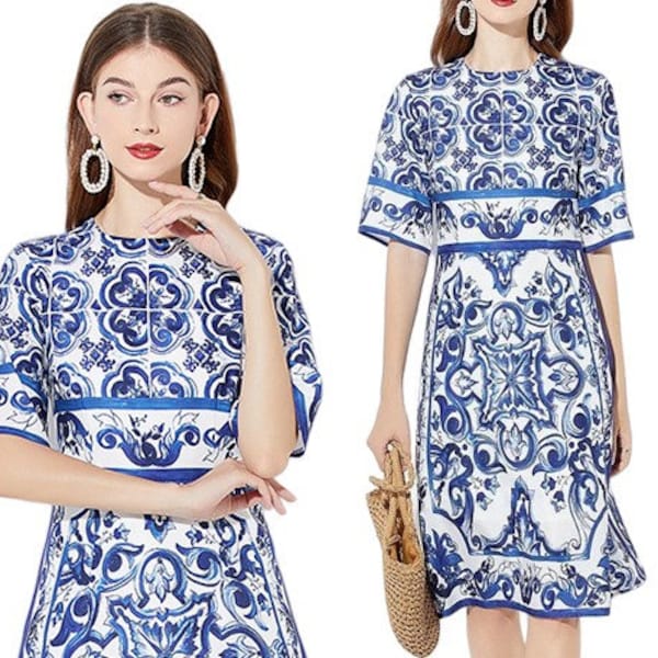 Porseleinen print jurk, blauwe bloemen print jurk, blauw witte jurk, tegelpatroon jurk, tegel print zomerjurk, Siciliaanse jurk, maxi jurk