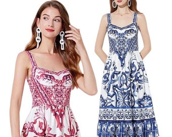 Porcelain Print Dress, Blue Flowers Print Dress, Blue White Dress, Tile Pattern Dress, Tile Print Summer Dress, Sicilian Dress, Maxi Dress