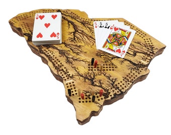Tablero de cribbage Fractal Burn de Carolina del Sur / Almacenamiento continuo de 3 pistas, clavijas y tarjetas