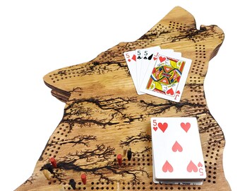 Tablero de cribbage Fractal Burn Wolf Head / Almacenamiento continuo de 3 pistas, clavijas y tarjetas