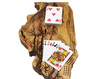 Tablero de cribbage Fractal Burn Illinois / 3 pistas continuas, almacenamiento de clavijas y tarjetas