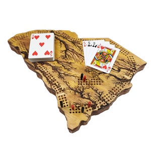 Deluxe South Carolina State Cribbage Board | Fractal Burn | Continuous 3-Track | Skunk Lines | Peg And Card Storage | Decoration | Gift
