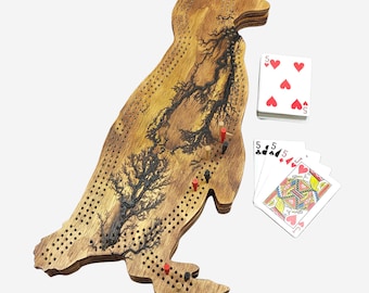 Fractal Burn Penguin Cribbage Board | Continuous 3-Track, Peg & Card Storage