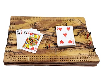 Tablero de cribbage Fractal Burn de Dakota del Norte / Almacenamiento continuo de 3 pistas con clavijas y tarjetas