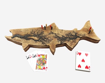 Tablero de cribbage Fractal Burn Salmon / Almacenamiento continuo de 3 pistas, clavijas y tarjetas