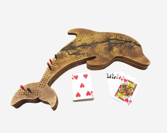 Fractal Burn Dolphin Cribbage Board | Continuous 3-Track, Peg & Card Storage