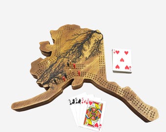 Tablero de cribbage Fractal Burn Alaska / 3 pistas continuas, almacenamiento de clavijas y tarjetas