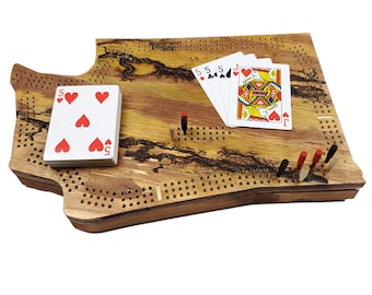 Tablero de cribbage Fractal Burn Washington / Almacenamiento continuo de 3 pistas, clavijas y tarjetas