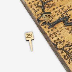May include: Two wooden game pieces with the number 29 on them. The pieces are on a wooden game board with a burnt design.