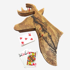 Deluxe Deer Head Cribbage Board | Fractal Burn | Continuous 3-Track | Skunk Lines | Peg And Card Storage | Decoration | Gift