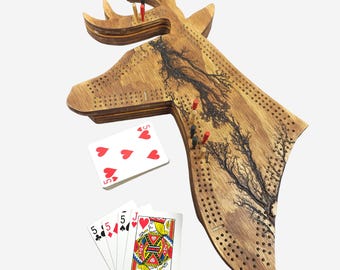 Tablero de cribbage Fractal Burn Deer Head / 3 pistas continuas, almacenamiento de clavijas y tarjetas