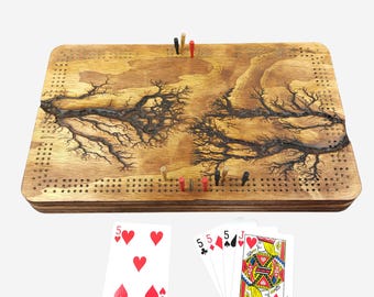 Tablero de cribbage Fractal Burn / Almacenamiento continuo de 3 pistas, clavijas y tarjetas