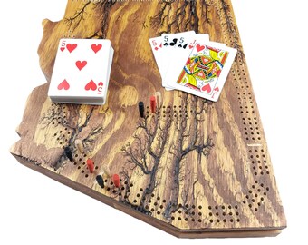 Tablero de cribbage Fractal Burn Arizona / Almacenamiento continuo de 3 pistas, clavijas y tarjetas