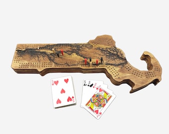 Tablero de cribbage Fractal Burn Massachusetts / Almacenamiento continuo de 3 pistas, clavijas y tarjetas