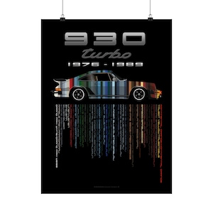 May include: Poster featuring a 930 Turbo car illustration. The car is depicted with vertical stripes of various colors. The text "930 Turbo 1976-1989" is displayed above the car in a silver font, set against a black background.