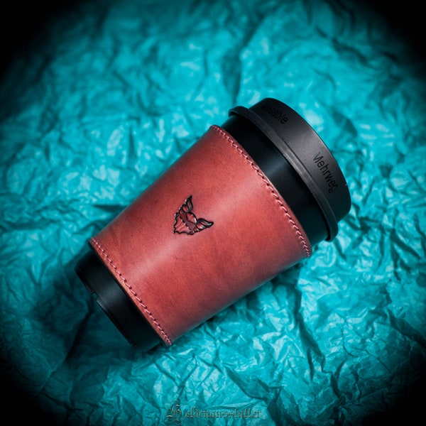 Handgemachter Kaffeebecher Mahagoni Antik Kaffeetassenhülle Sleeve aus Echtleder Konfigurierbar Farbe Wählbar! Coffee To-Go Becher inkl.