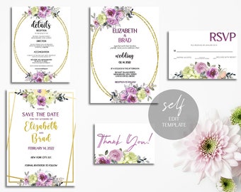 Wedding Invitation Bundle Template Printable Purple Personalized Corjl Instant Download Try before U Buy RSVP Details Thank You Card AA1