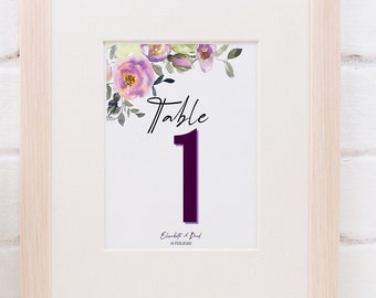 Wedding Table Numbers 1 to 20 Cards Printable Floral Wedding Table Number Instant Digital Download Wedding Decor Purple Flowers AA1