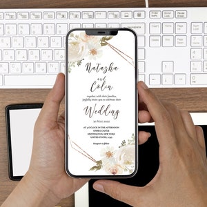 Virtual Wedding Invitation, Ivory Floral Wedding Evite for Bride & Groom, Paperless E Invite Wed Day Template Digital Instant Download AA8