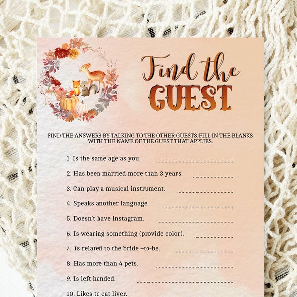 Woodland Autumn Find The Guest Baby Shower Game, Animals Birthday Games Printable Template Instant Digital Download AC3
