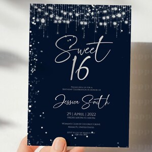 Sweet 16 Editable Invitation | Sweet Sixteen Navy String Lights Birthday Invitations | Sixteenth Bday Party Invite Template Instant Download
