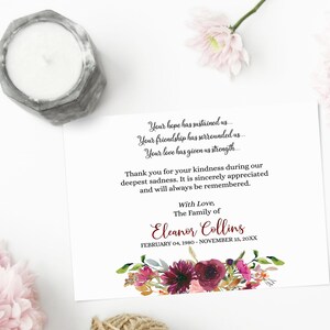 Editable Funeral Thank You Card Burgundy Floral, Sympathy Acknowledgement Cards Template Printable Memorial Card Try Before U Buy AA2