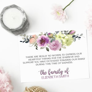 Editable Sympathy Acknowledgement Cards, Funeral Thank You Card Purple Floral Template Printable Memorial Card Try Before U Buy AA1