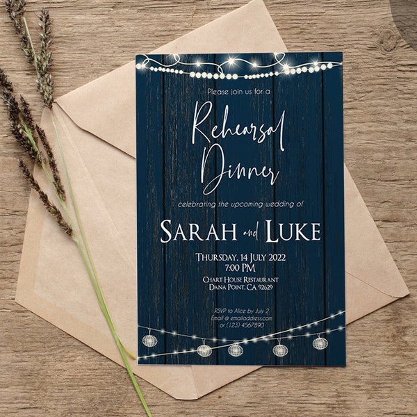 Rehearsal Dinner Invitation Editable Template, Navy Rustic Wood Invite for Couple, A Night Before Wedding Event Instant Digital Download AB2