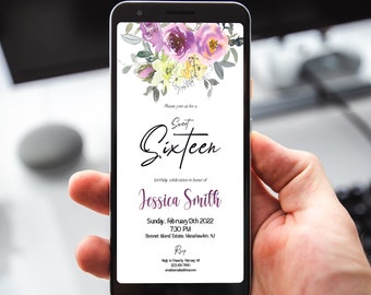 Electronic Sweet 16 Invitation, Girl Teen Purple Floral Editable Virtual Invite, Digital Invitation Sweet Sixteenth Bday Template AA1