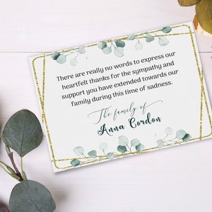 Editable Sympathy Acknowledgement Cards, Funeral Thank You Card Eucalyptus Floral Template Printable Memorial Card Try Before U Buy AA3