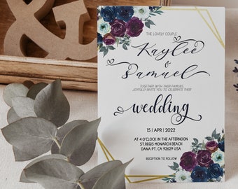 May include: Wedding invitation with a floral design in shades of purple, blue, and white. The invitation features the names "Kaylee & Samuel" and the date "15 | APR | 2022".