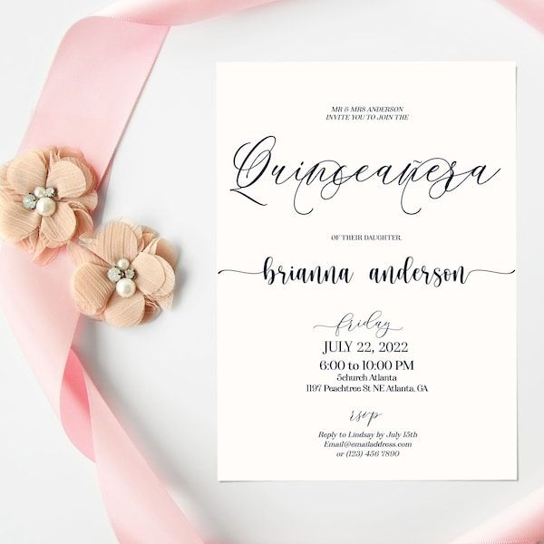 Quinceanera Invitation, Minimalistic Calligraphy Mis Quince Birthday Template, Fifteenth Bday Invite Printable Instant Digital Download AB4