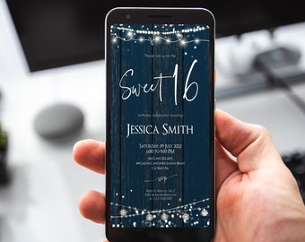 Electronic Sweet 16 Invitation, Girl Teen Rustic Navy Editable Virtual Invite, Digital Invitation Sweet Sixteenth Bday Template AB2