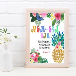 Tropical Mom-osa Bar Sign, Greenery Game Floral Printable Template Cards MIMOSA Baby Shower Game Instant Digital Download AB8