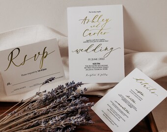 Wedding Invitation Bundle Templates, Minimalist Gold Custom Invite Card with Backside Photo Printables, Editable Corjl Digital Download AA9