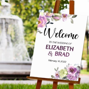 Editable Purple Wedding Welcome Sign Template Printable Personalized Watercolor Invitation Corjl Instant Download Try before U Buy AA1