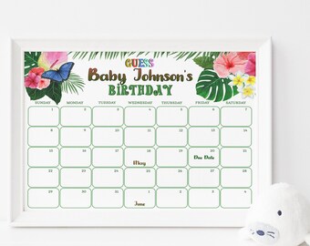 Tropical Baby Due Date Calendar, Greenery Pregnancy Predictions Sign Editable Template Printable Personalized Corjl Instant Download AB8