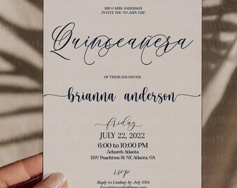 Quinceanera Invitation, Minimalistic Calligraphy Mis Quince Birthday Template, Fifteenth Bday Invite Printable Instant Digital Download AB4