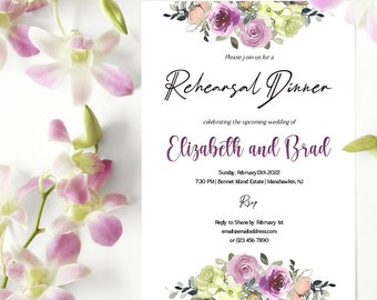 Rehearsal Dinner Invitation Editable Template, Purple Floral Invite for Couple, Night Before Wedding Event Instant Digital Download AA1