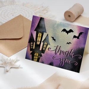 Violet Haunted House Dankeschön Karte Halloween Printable, Spooky Kostüm Party Geschenk faltbare Tags für Kinder Vorlage, Corjl Instant Download