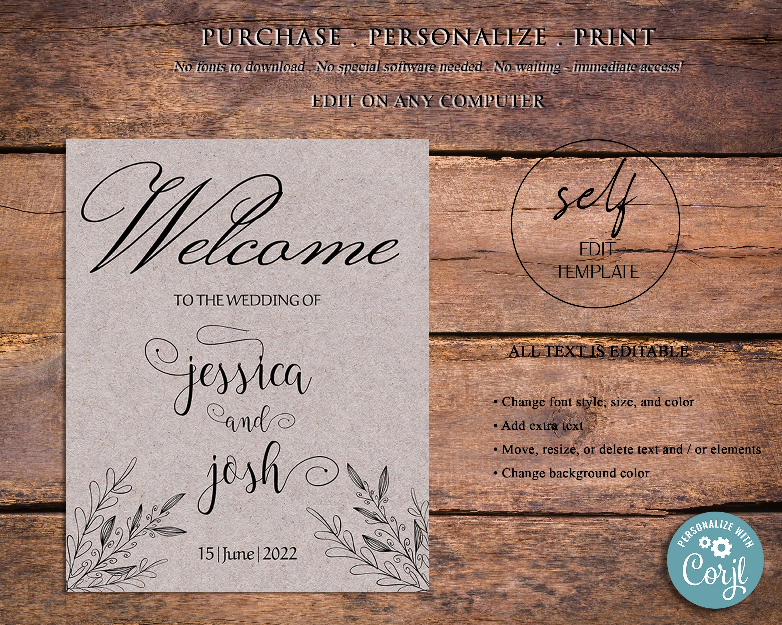 Wedding Welcome Sign Editable Template Printable Personalized Rustic ...