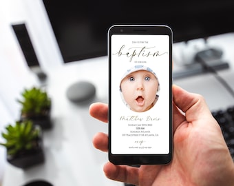 Minimalist with Photo Electronic Baptism Invitation Editable Template Paperless E Invite Virtual CORJL Personalize Digital Download AA9