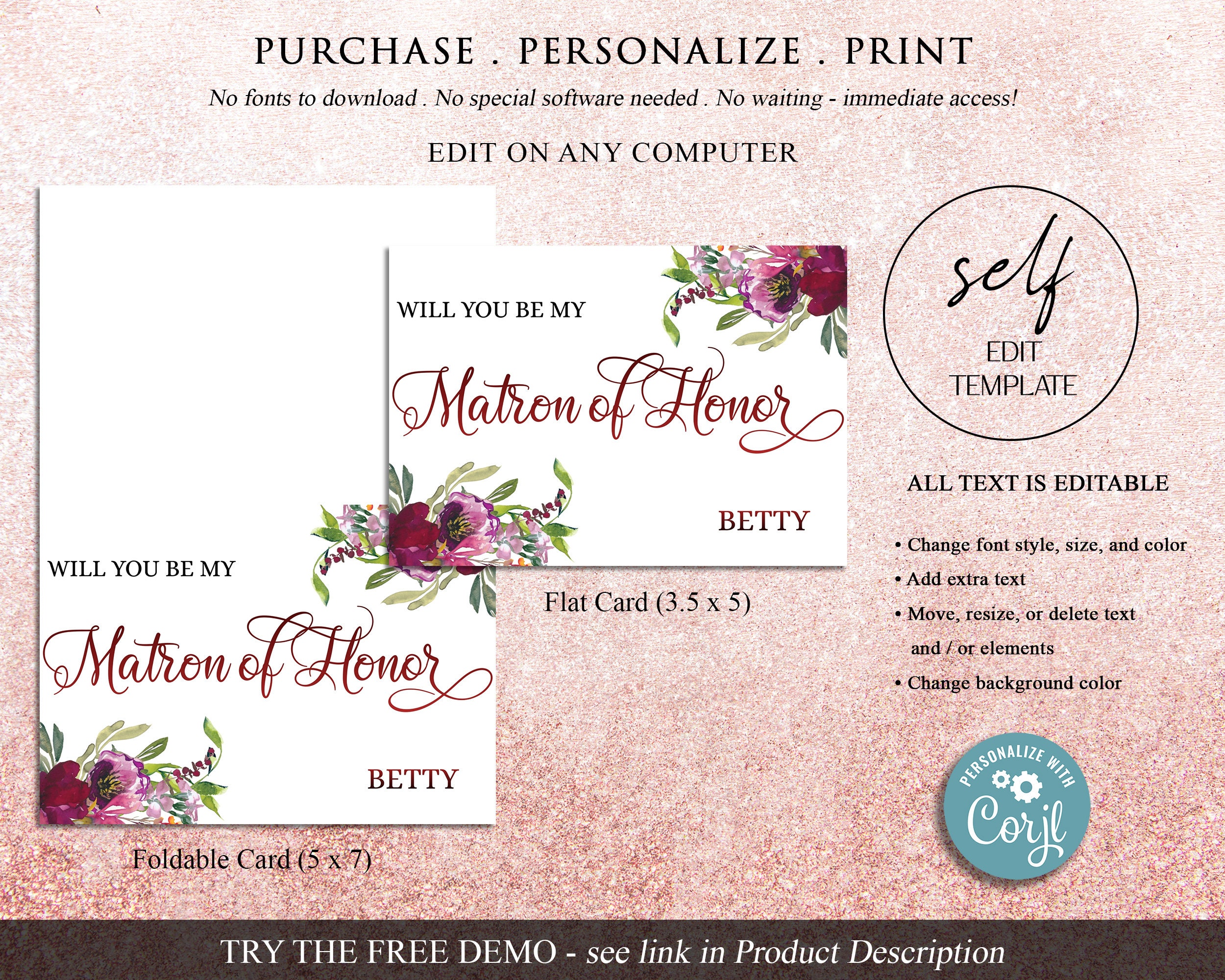 Will You Be My Matron of Honor Proposal Personalized Editable Template